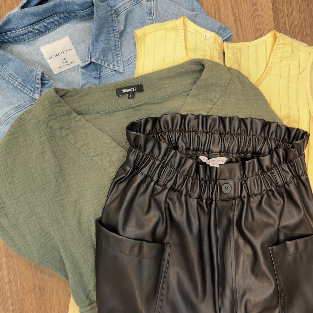 Women's Size Large Clothing Bundle Faux Leather Pants‎ Rompers Top 4 Piece Lot